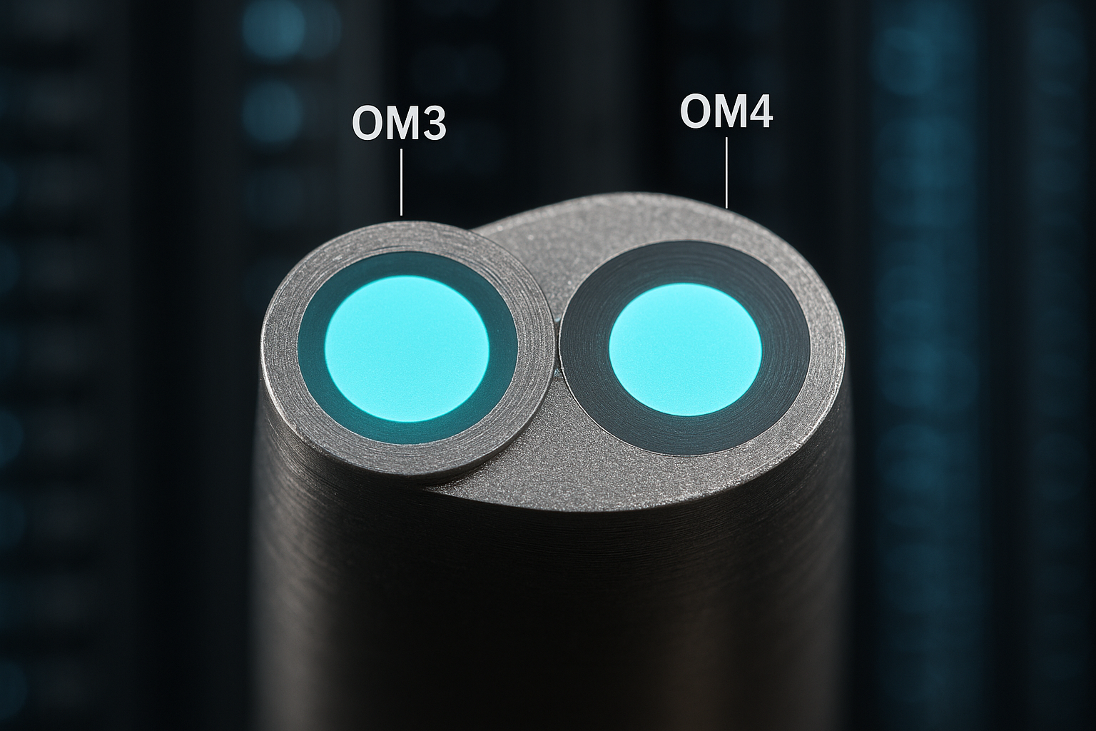 A close-up macro shot of a multimode fiber optic cable end-face showing polished OM3 and OM4 fiber cores side-by-side, with s