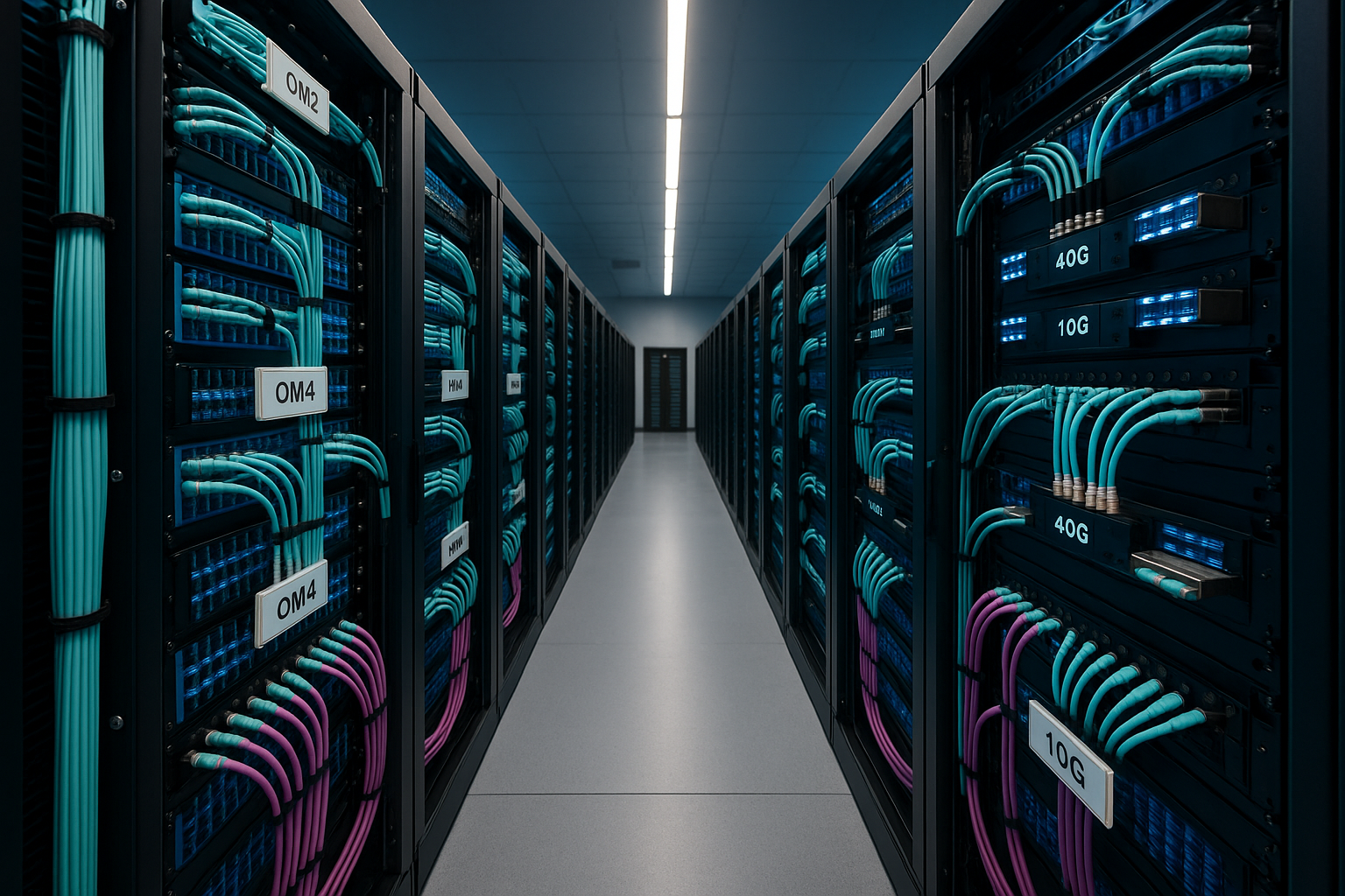 Interior shot of a modern data center aisle featuring neatly organized racks with fiber optic patch panels, showcasing labele