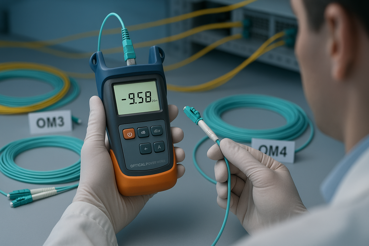 A high-resolution image of a fiber optic laboratory technician using an optical power meter to test OM3 and OM4 fiber cables,