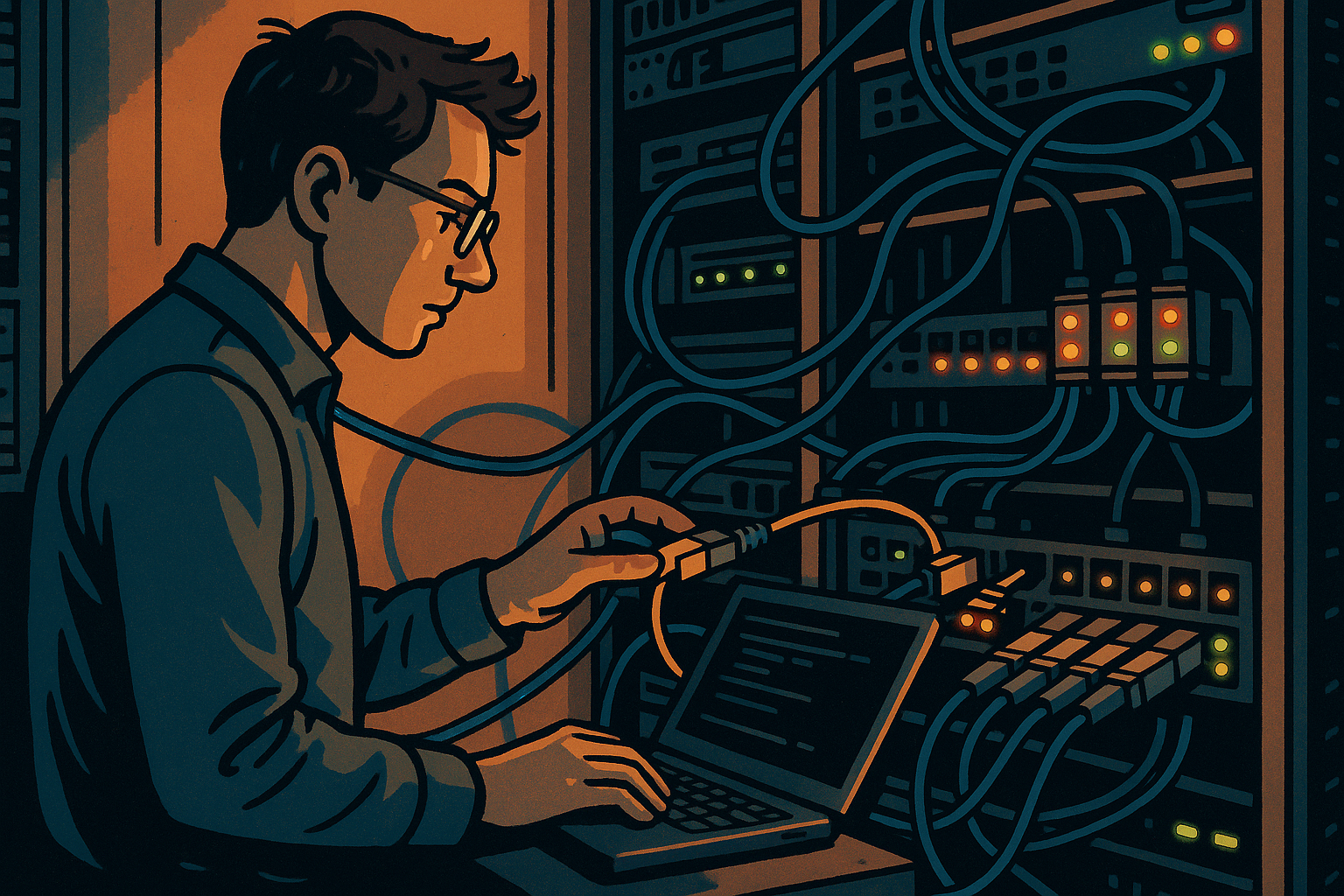 Stylized conceptual art depicting a network engineer troubleshooting fiber optic transceivers in a server room using a laptop