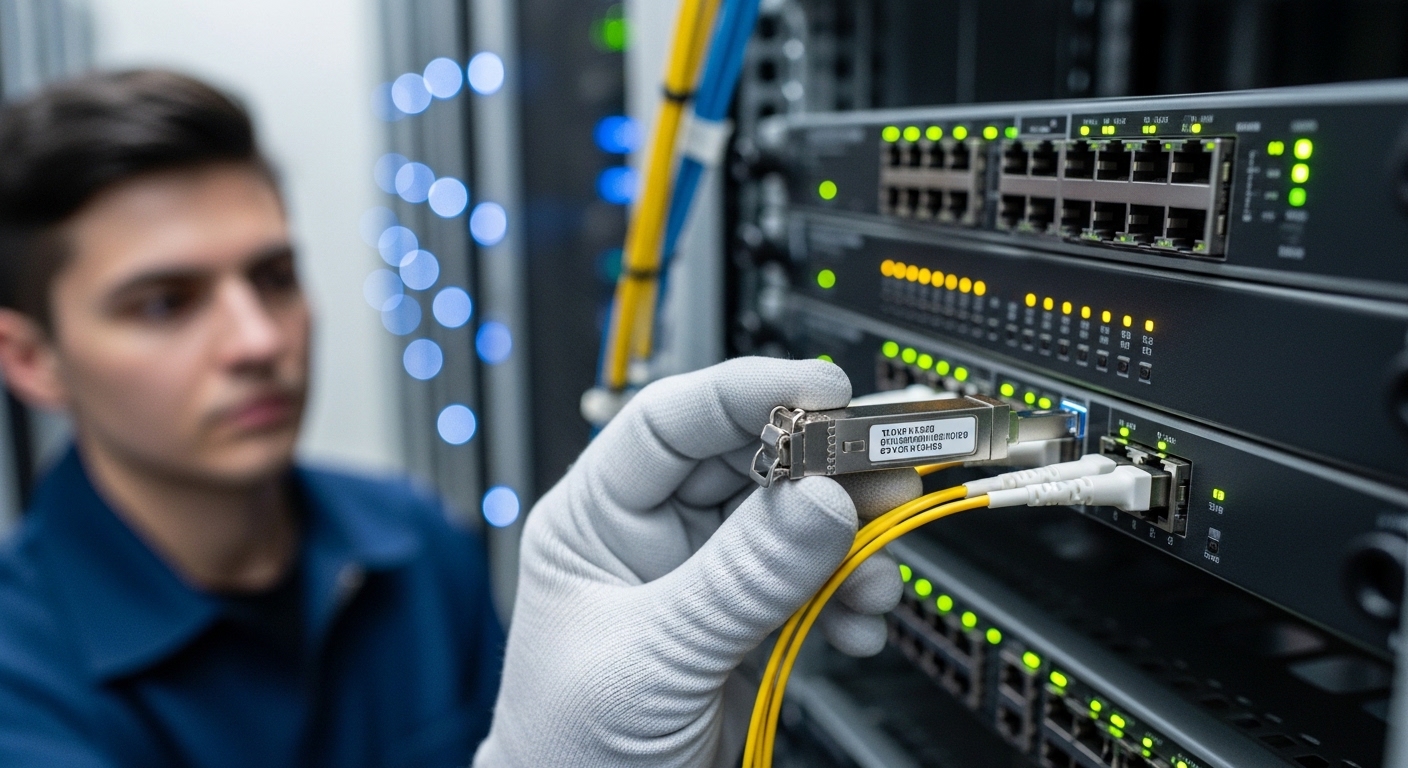 A technician carefully installing a Small Form-factor Pluggable (SFP) module into a network switch in a data center, with cle