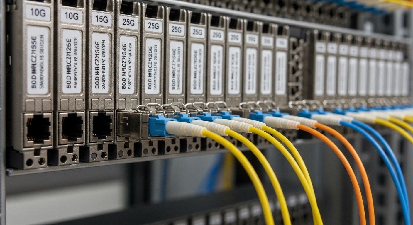 A close-up view of various SFP modules on a data center rack, showcasing their compact size and labeling, with fiber optic ca