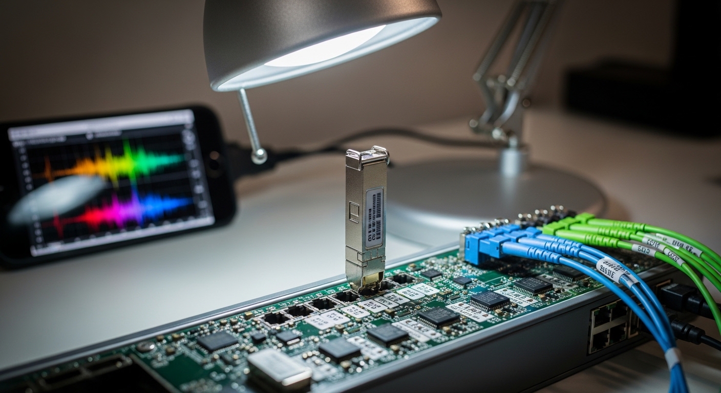 A clean workbench with a macro lens close-up showing a metal-cased SFP transceiver being swapped into a compact network switch; visible blue and green fiber cables, small labeled component boards, and a bright desk lamp; a smartphone-based testing device in the background displays a wavelength chart; realistic lighting, shallow depth of field, technical and tidy aesthetic
