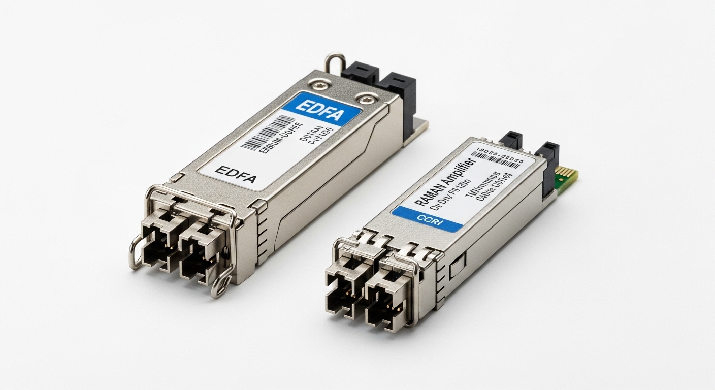 Professional product photography of Small Form-factor Pluggable, Optical Amplifiers in DWDM Networks: EDFA and Raman Explained, clean background, high detail, studio lighting (variant 1)