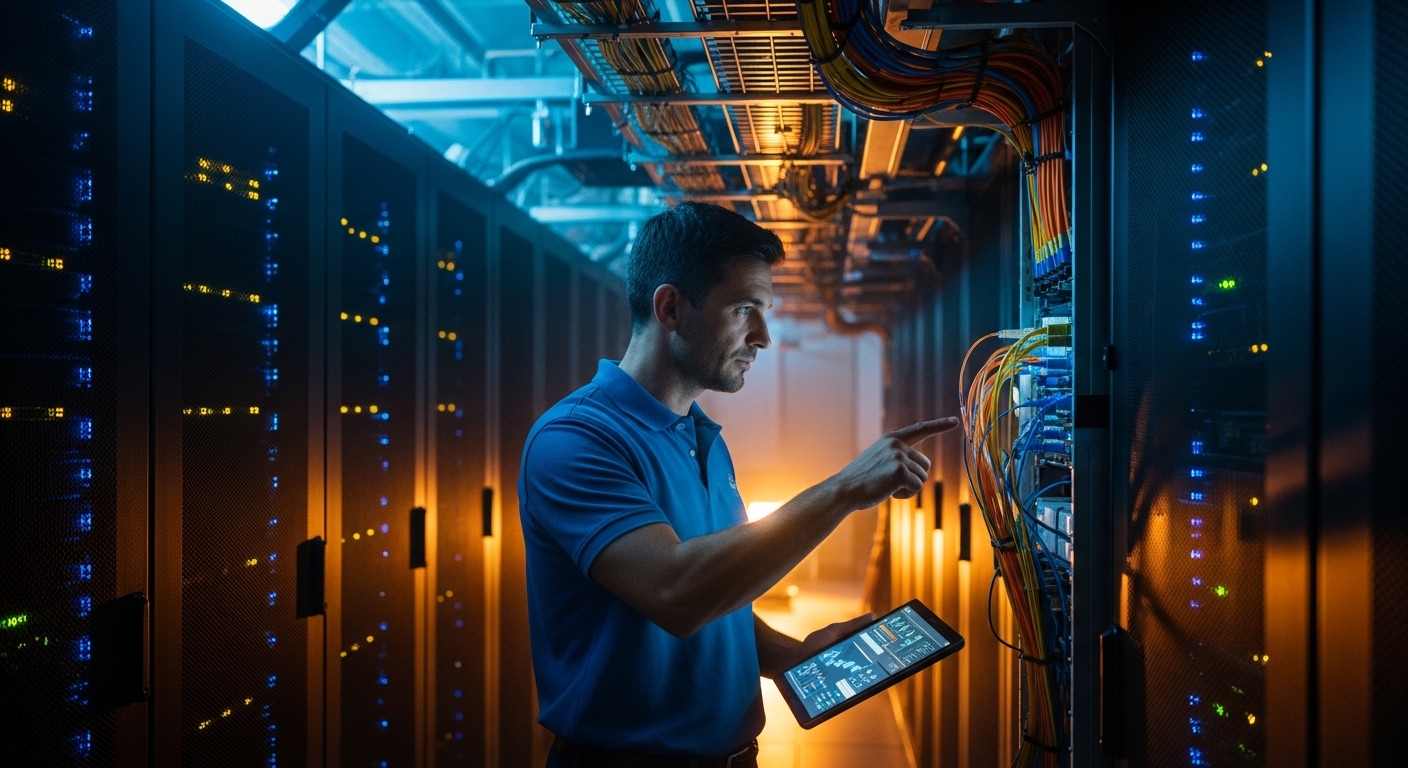 An engineer examining fiber trunks in a modern data center corridor, with illuminated cables and rack-mounted equipment, soft blue and amber lighting, realistic indoor setting, cinematic documentary style