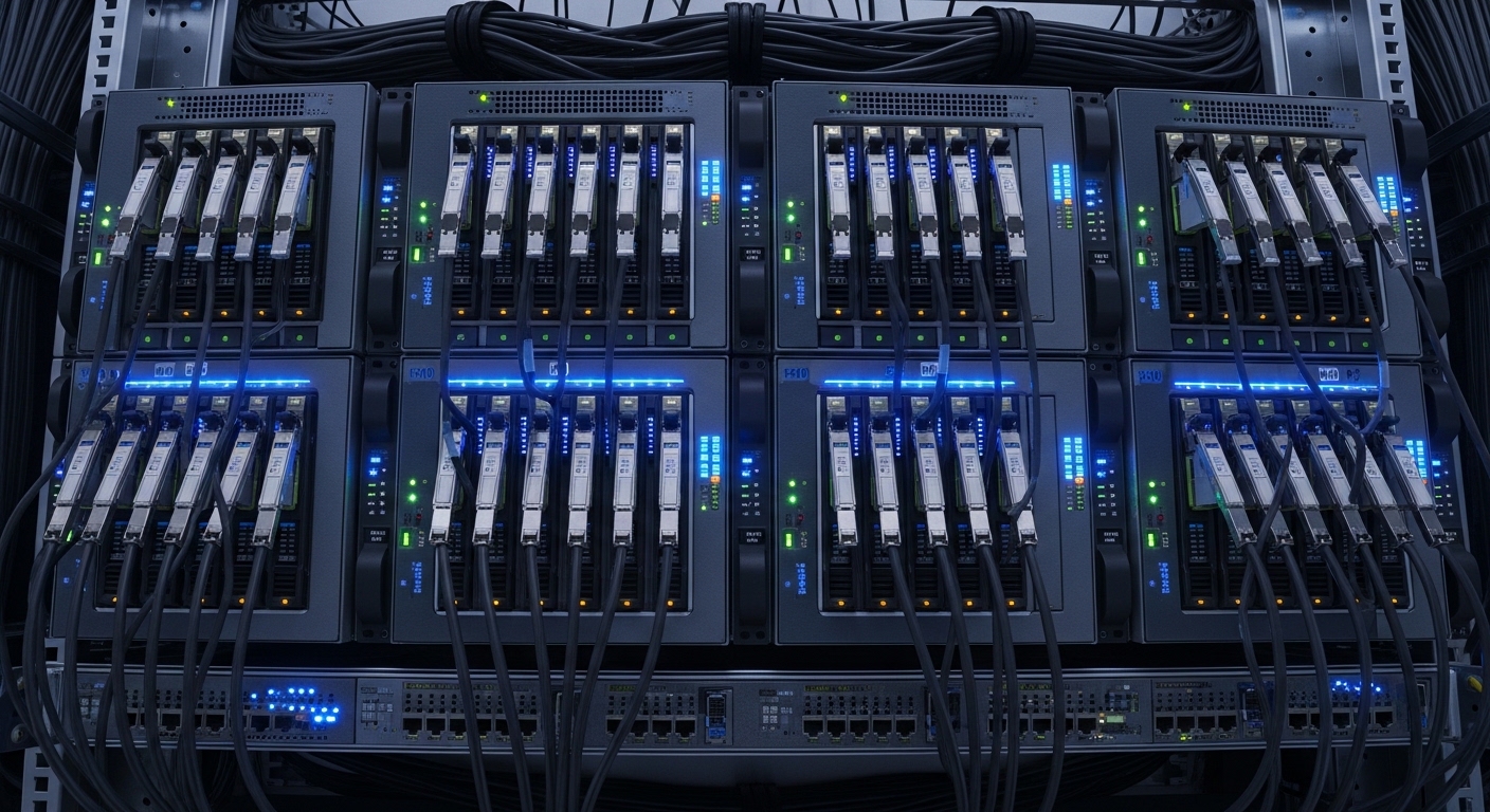 A modern data center rack with multiple servers and network switches, each blade populated with SFP and SFP-DD transceiver modules, illuminated by cool blue LED indicators in a high-tech environment, photographed with a wide-angle lens, semi-flat lay perspective, realistic lighting and texture