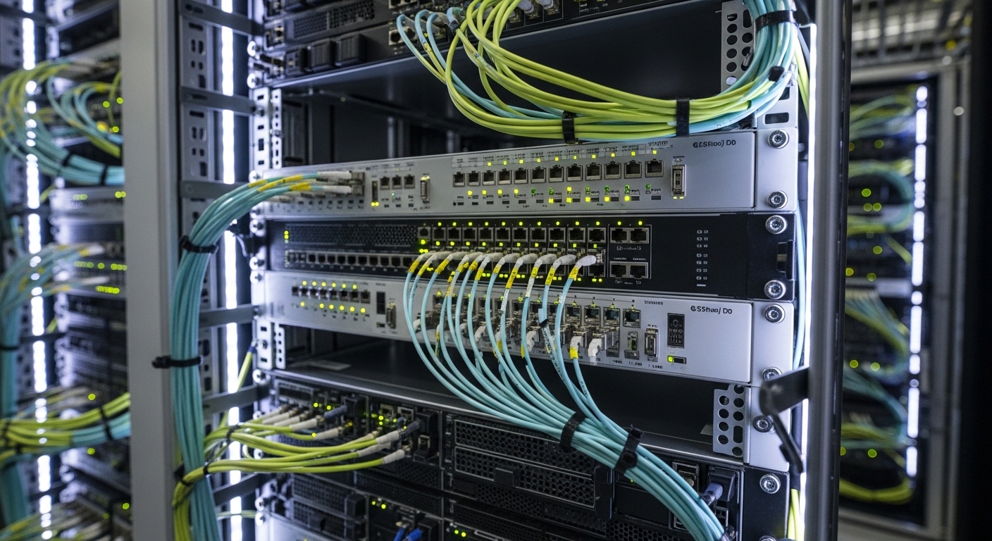 High-density data center rack with multiple ToR switches populated with 100G and 400G QSFP-DD transceivers under cool white L