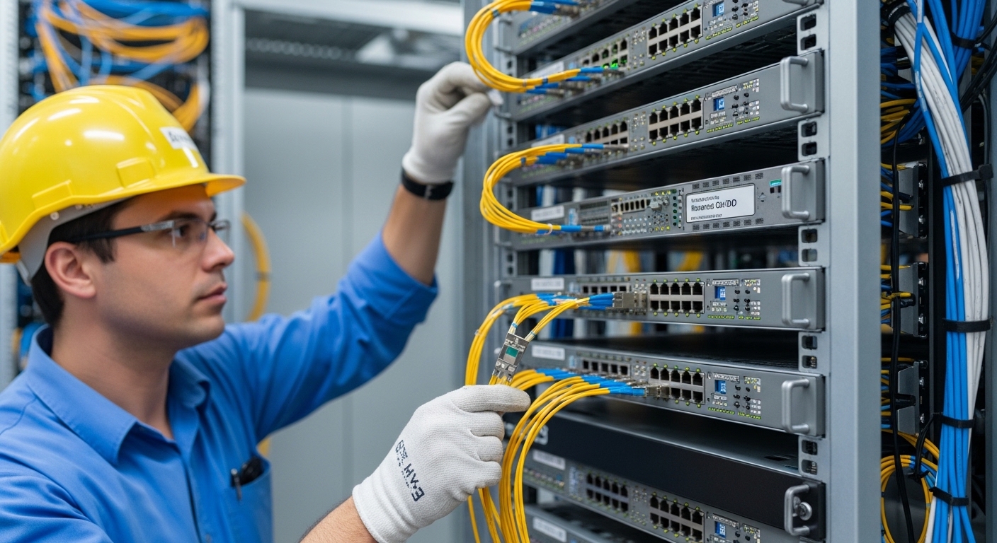 Data center network engineer inspecting ToR switch QSFP-DD transceiver module installation with fiber optic cabling