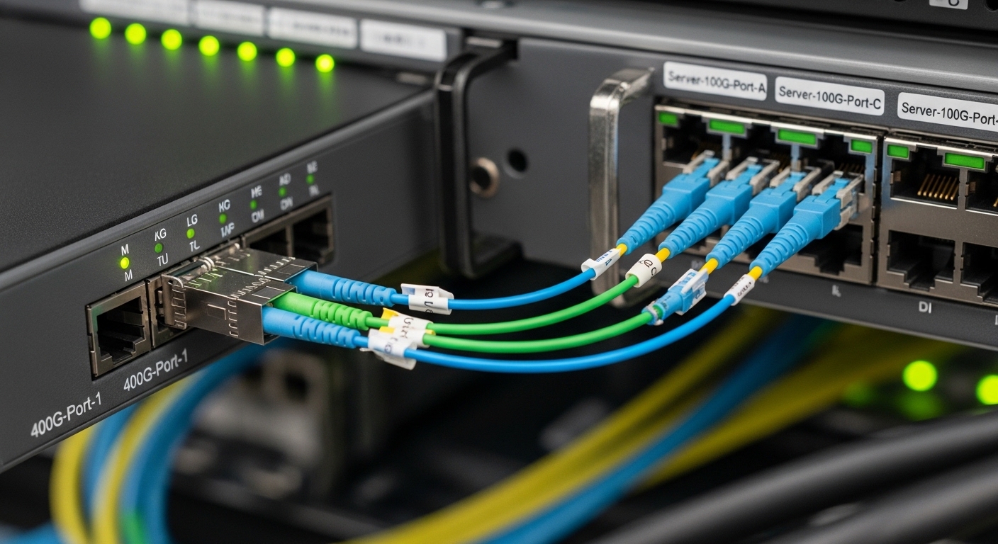 Close-up of QSFP-DD breakout cable connecting a 400G ToR transceiver to four 100G server ports in a data center rack