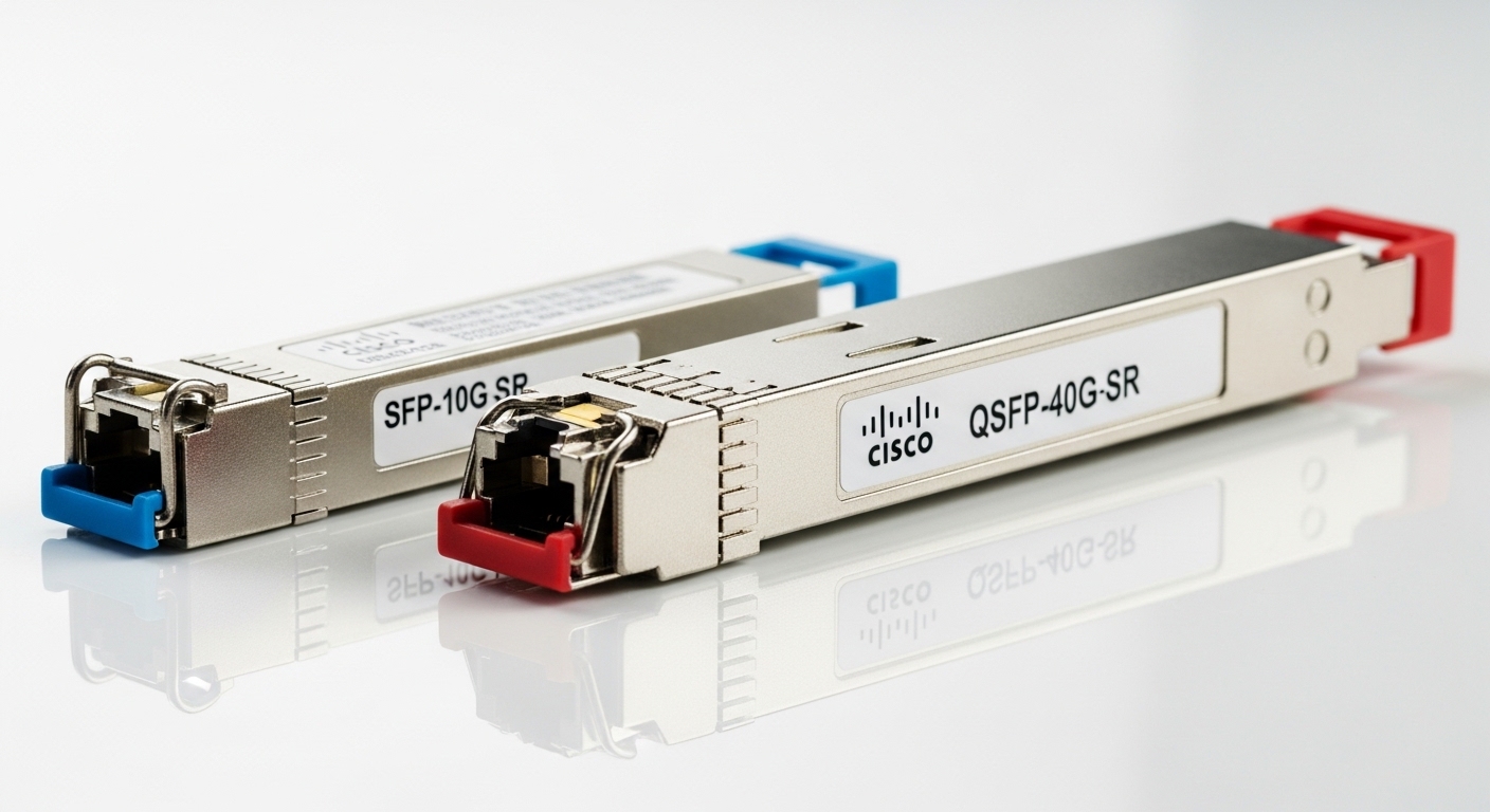 Close-up of Cisco SFP-10G-SR and QSFP-40G-SR transceivers side by side on a white reflective surface, professional studio lig
