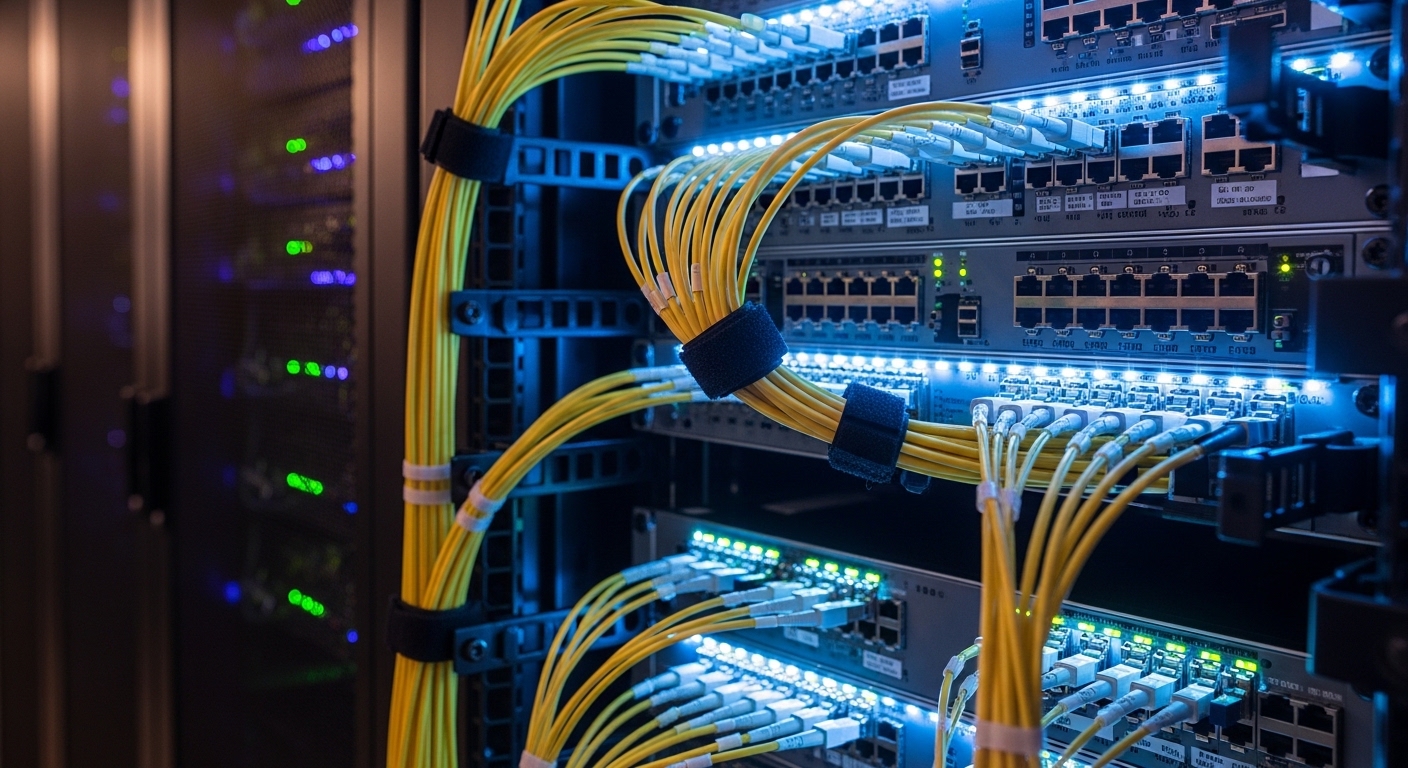 Data center rack rack-mounted switches showing SFP and QSFP ports with fiber optic cables arranged neatly, ambient blue LED l