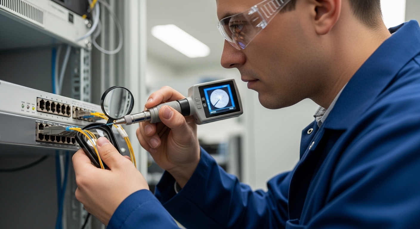 Technician inspecting fiber optic transceiver ports with magnifying glass and fiber inspection scope, bright indoor lighting