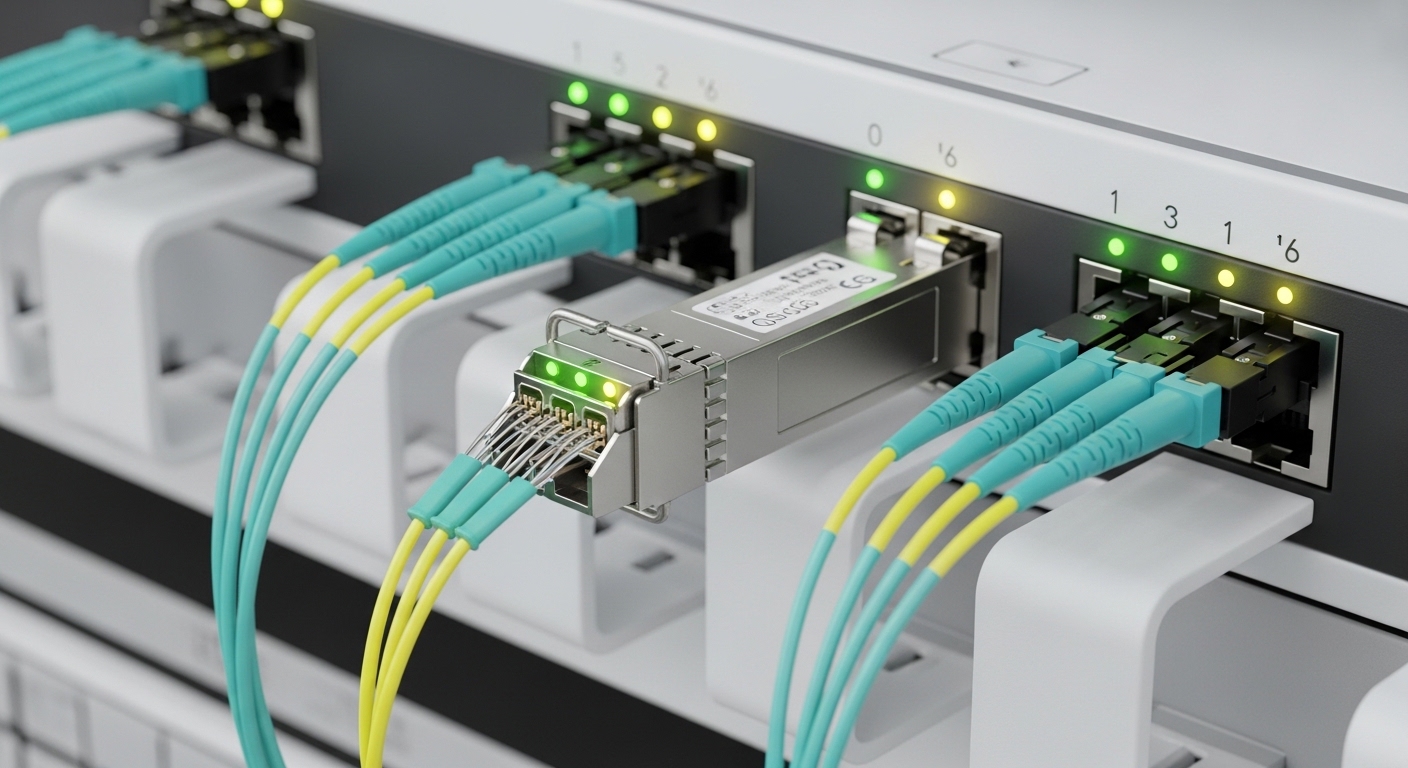 High-resolution close-up of a QSFP-DD 400G optical transceiver plugged into a data center switch, showing fiber cables neatly