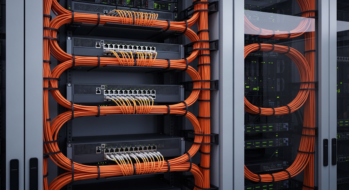 Data center rack showing neatly organized multimode fiber trunk cables connecting leaf and spine switches, ambient lighting h