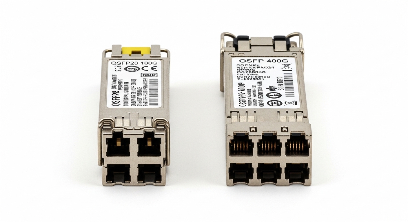 Side-by-side comparison of QSFP28 100G and OSFP 400G optical transceivers on a white background, showing detailed ports and l