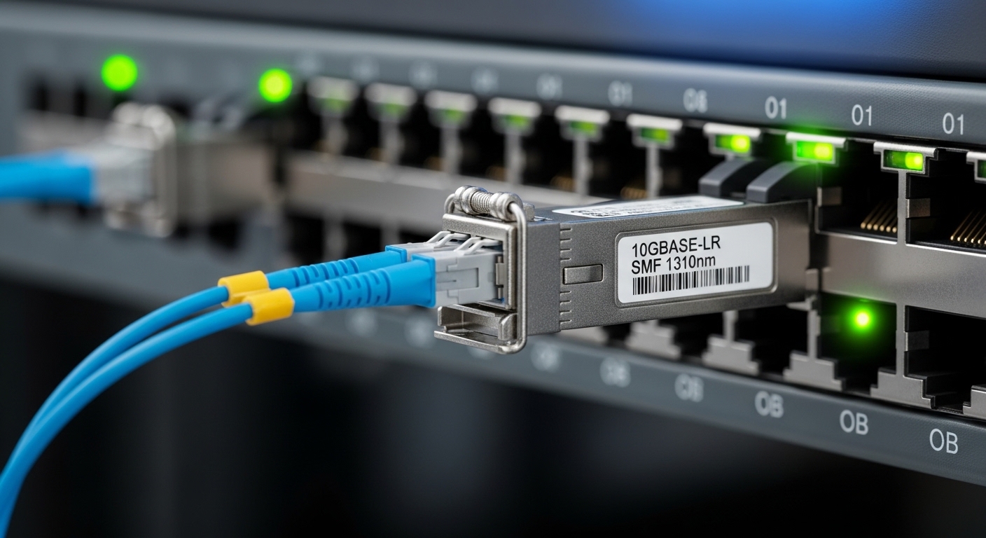 Close-up of a single mode SFP module plugged into a network switch, showing fiber cable connection, ambient data center light