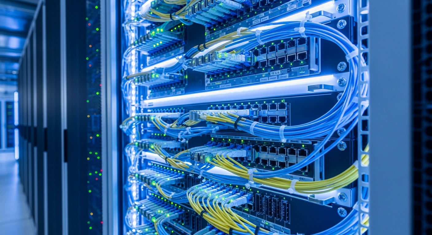 Wide-angle shot of a modern data center rack with fiber optic cables connected to single mode SFP transceivers, illuminated w