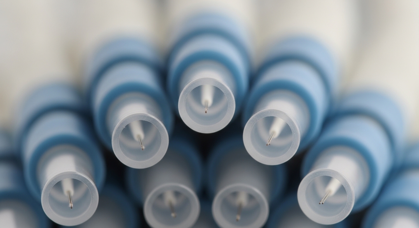 Detailed macro shot of fiber optic cable tips with single mode connectors, highlighting the thin core and clean polished ends