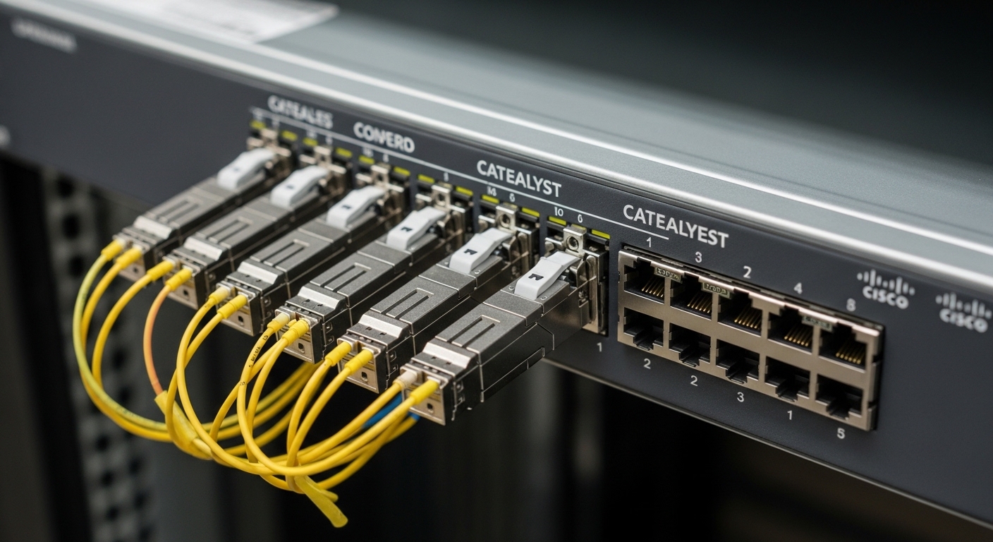 Close-up of a Cisco Catalyst switch with multiple fiber optic transceiver modules installed, shot from a slight angle in a we