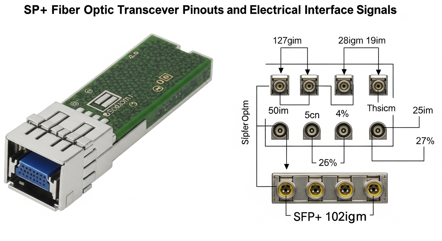 Technical schematic illustration of fiber optic transceiver pinouts and electrical interface signals, highlighting SFP+ modul