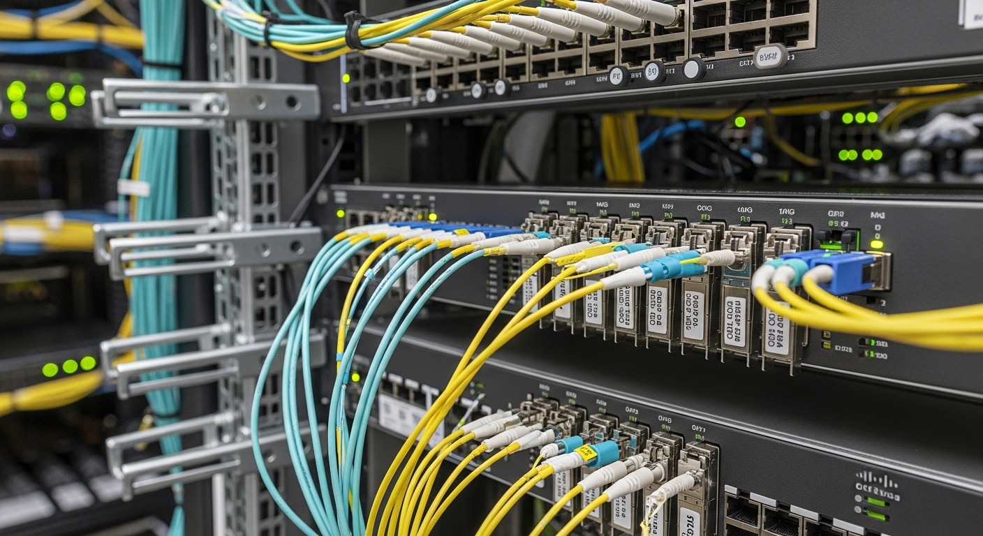 Data center rack with Cisco Nexus switches connected by fiber optic cables, showing labeled fiber optic transceiver modules