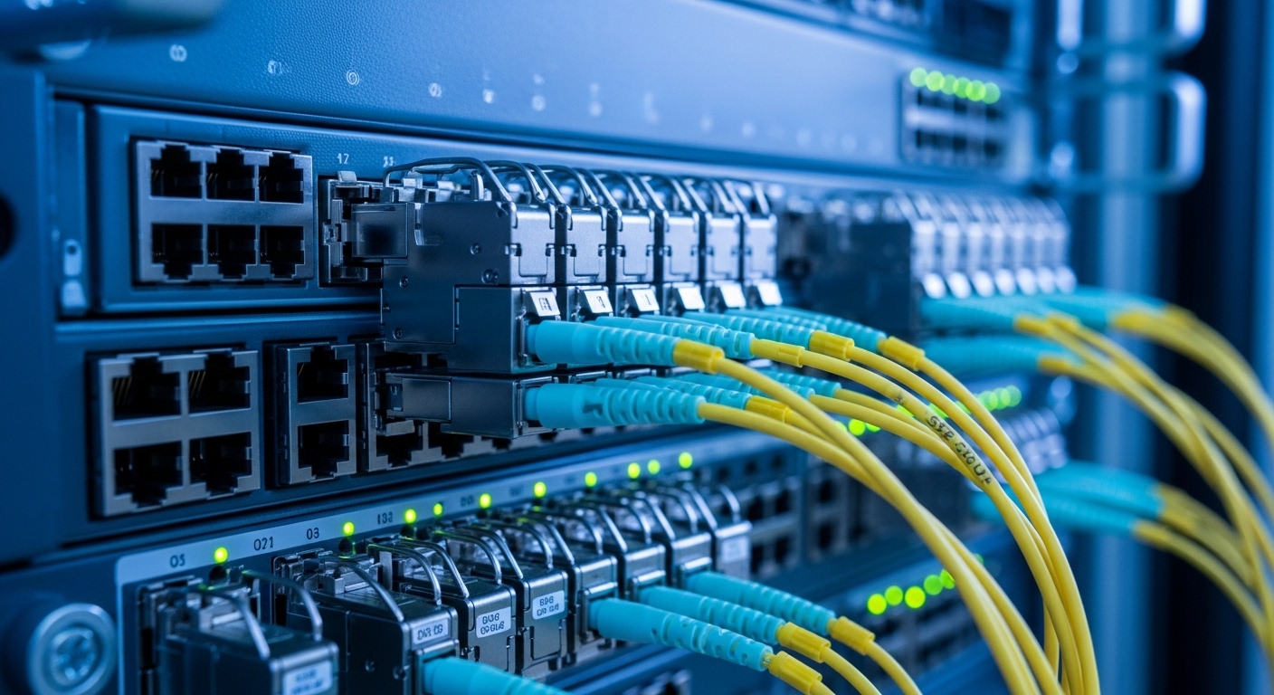 Close-up photo of a high-density server rack showing OSFP and QSFP-DD transceivers plugged into switches, ambient blue data c
