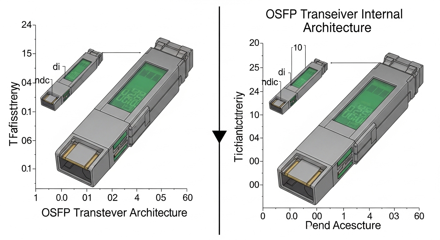 Technical illustration comparing internal lane architecture of OSFP vs QSFP-DD transceivers, annotated with lane counts, elec