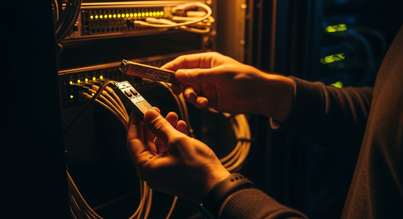 High-contrast, moody lifestyle photo of a network engineer inspecting fiber optic transceivers inside a rack, bathed in warm 