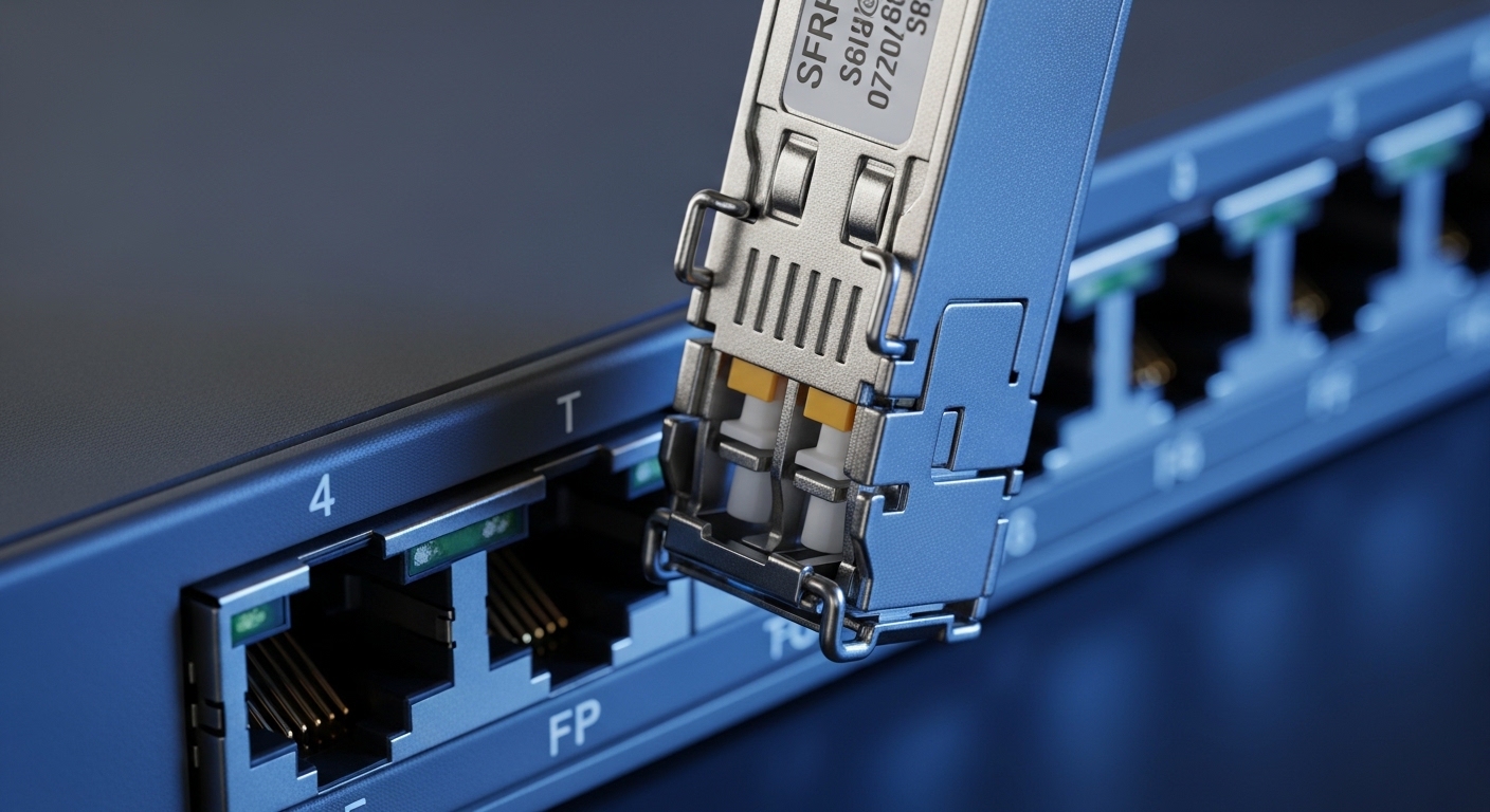 High-resolution macro photograph of a fiber optic SFP module being inserted into a network switch’s SFP port, ambient cool bl