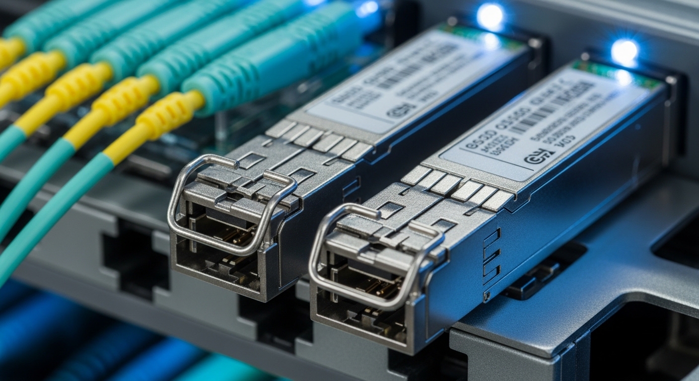 Close-up photography of two QSFP-DD 400G optical transceiver modules seated in a high-density data center switch port cage, s