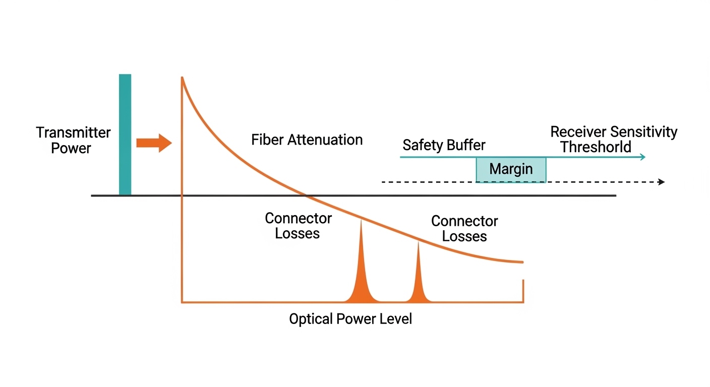 Concept illustration in flat vector style showing a fiber link budget diagram: transmitter power, fiber attenuation curve, co