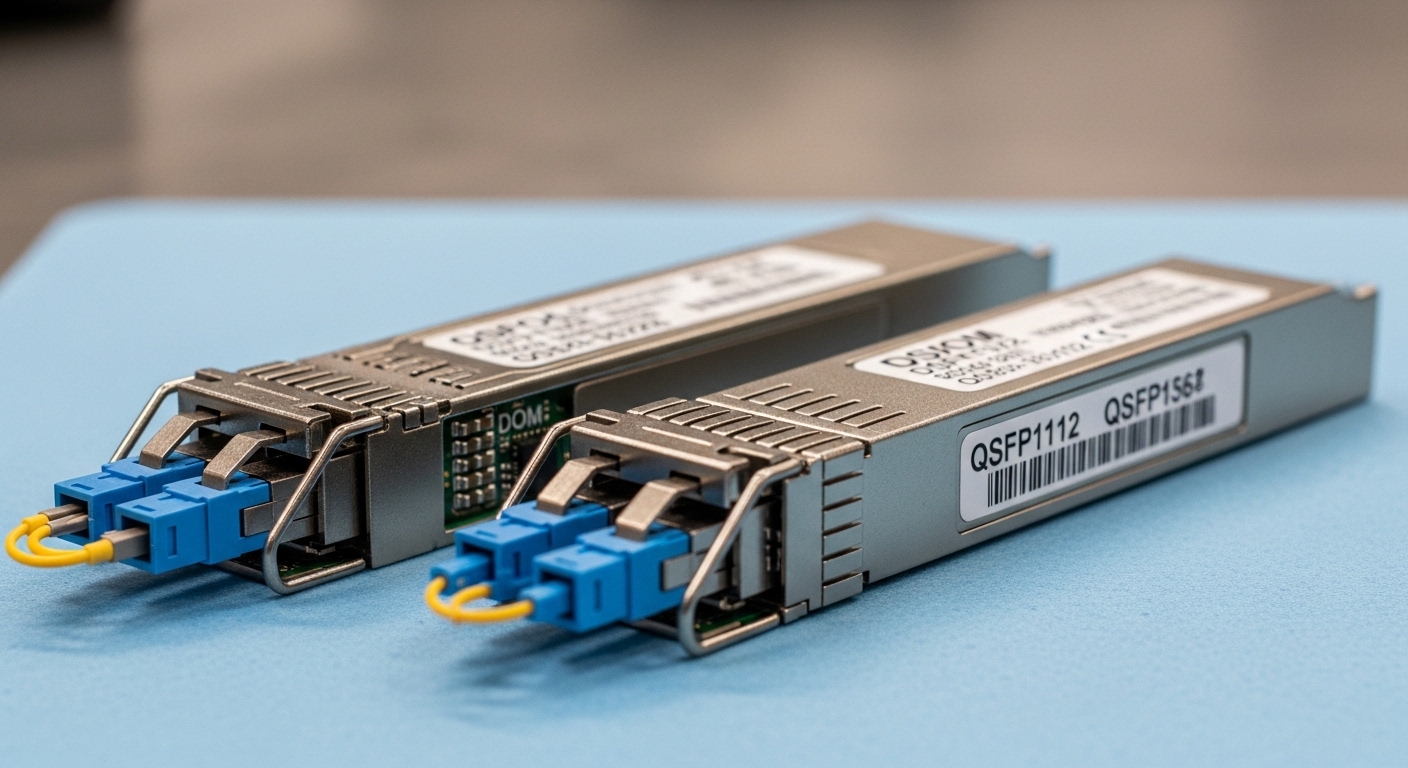 Close-up macro photography of a QSFP56 and QSFP112 transceiver side-by-side on an anti-static mat, with visible LC fiber conn