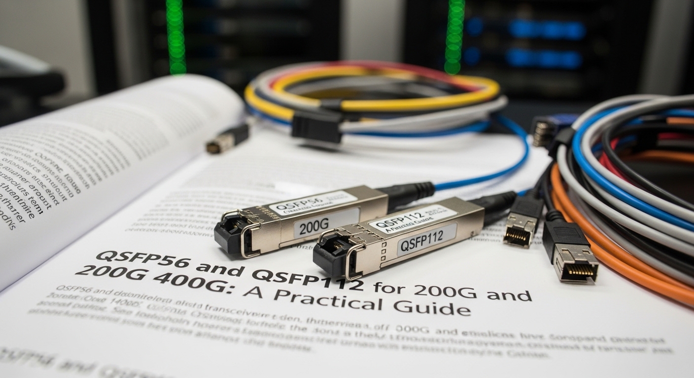 Documentary-style photo of QSFP56 QSFP112 transceiver, QSFP56 and QSFP112 for 200G and 400G: A Practical Guide, natural light