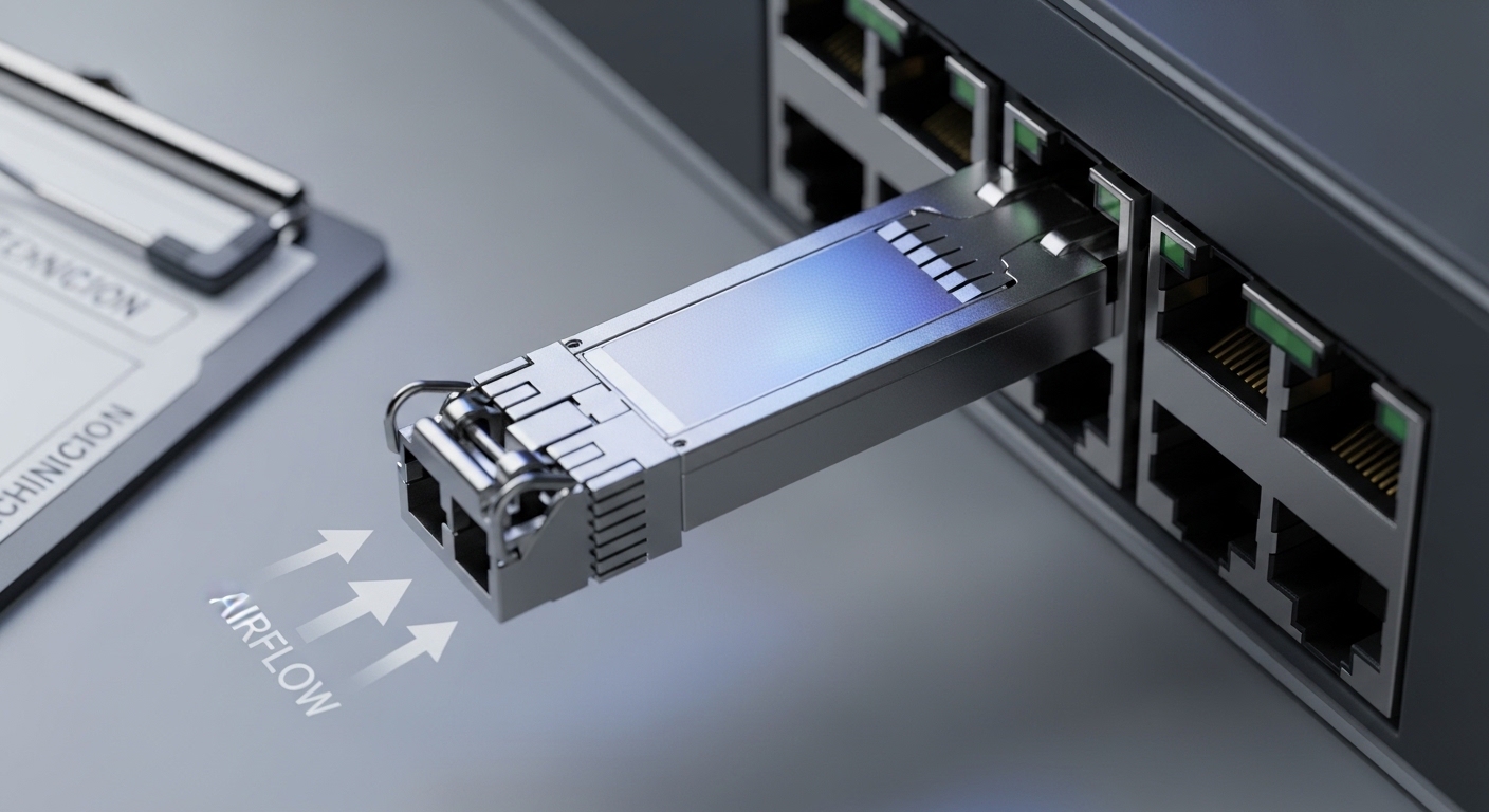 Photorealistic close-up macro shot of a QSFP28 transceiver seated in a switch port cage, showing the metal housing, thermal c
