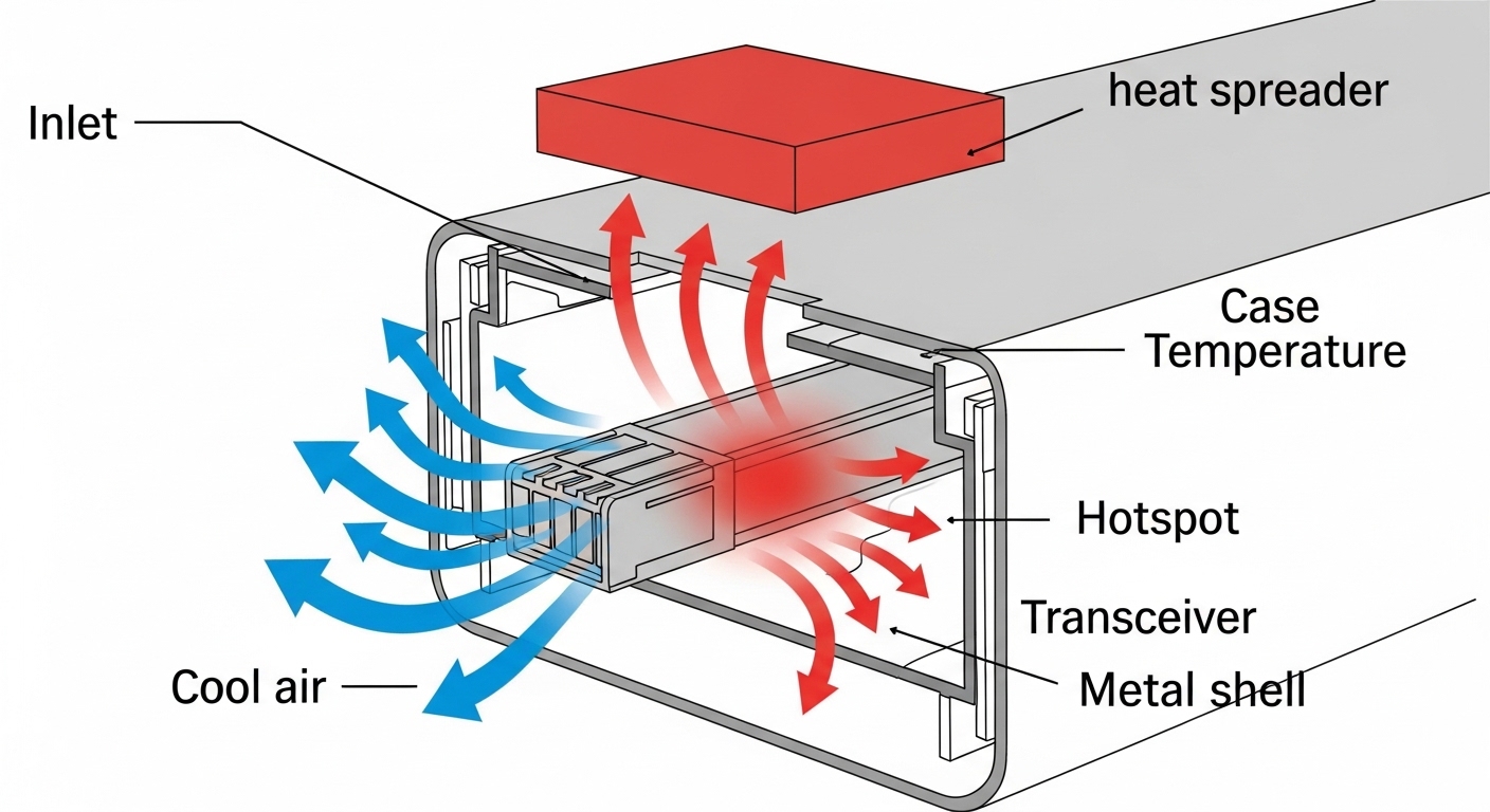 Conceptual illustration of a cross-section of a switch port cage with airflow arrows, showing heat flowing from a transceiver