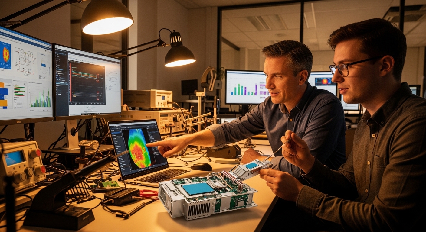 Lifestyle scene featuring transceiver thermal cooling, Thermal Management for High-Speed Optical Transceivers, warm ambient l