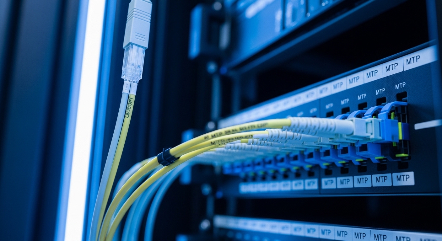 Macro photography of a fiber patch panel in a server rack, showing a neatly routed MPO trunk cable entering from the top and 