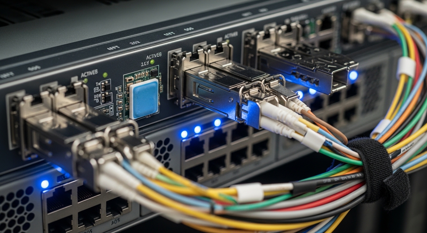 A photorealistic close-up of a 48-port network switch front panel in a data center rack, showing several SFP28 transceiver ca