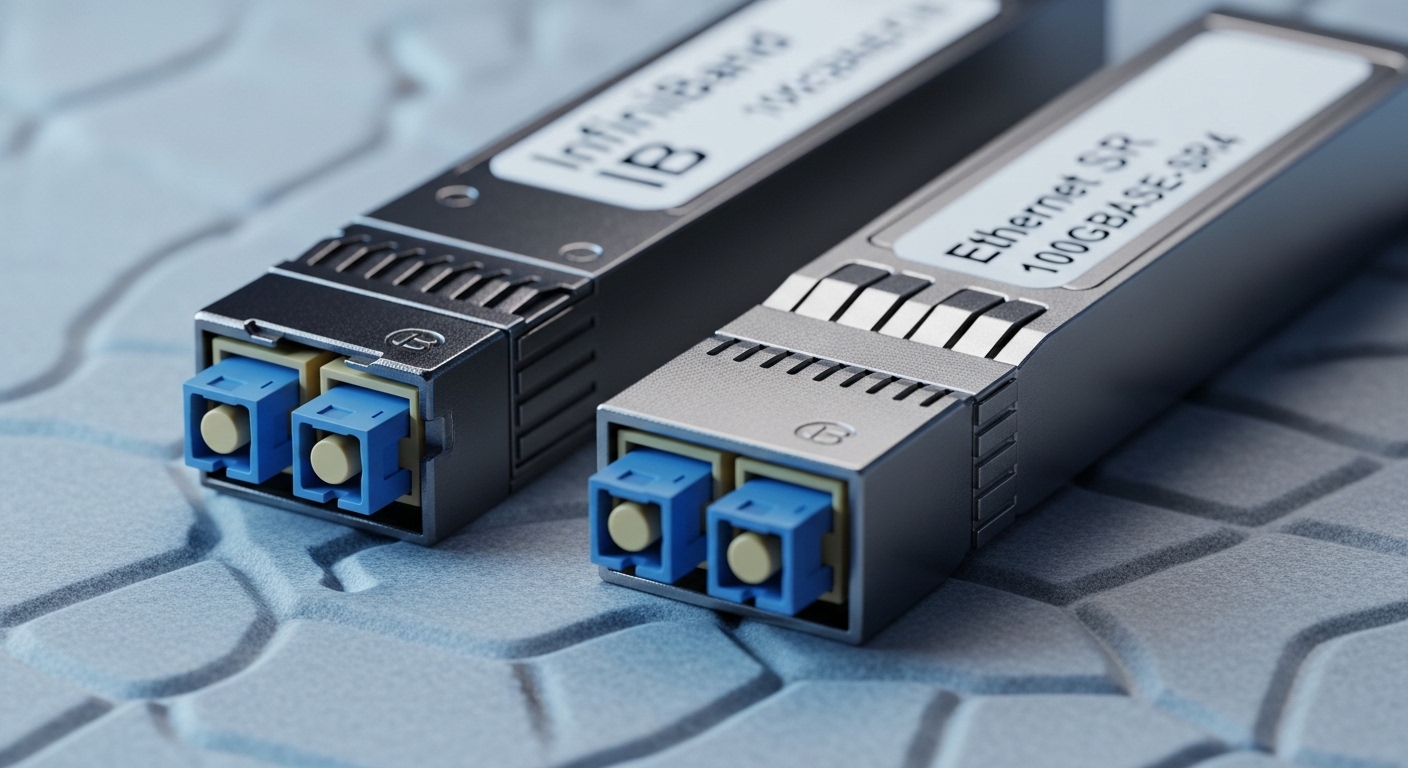 Close-up macro photography of two pluggable fiber transceiver modules side-by-side on an anti-static mat; one labeled as an I