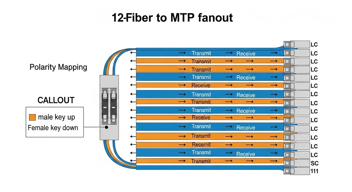 Clean-room style illustration showing a polarity mapping diagram for a 12-fiber MPO to MTP fanout, with color-coded lanes, ar