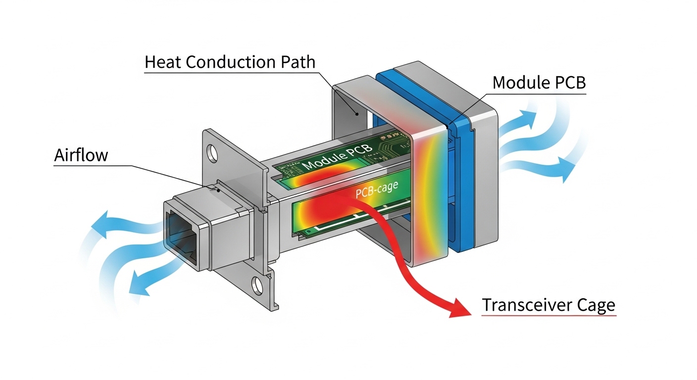 Conceptual illustration showing a cross-section of a transceiver cage with arrows for airflow and a heat conduction path from