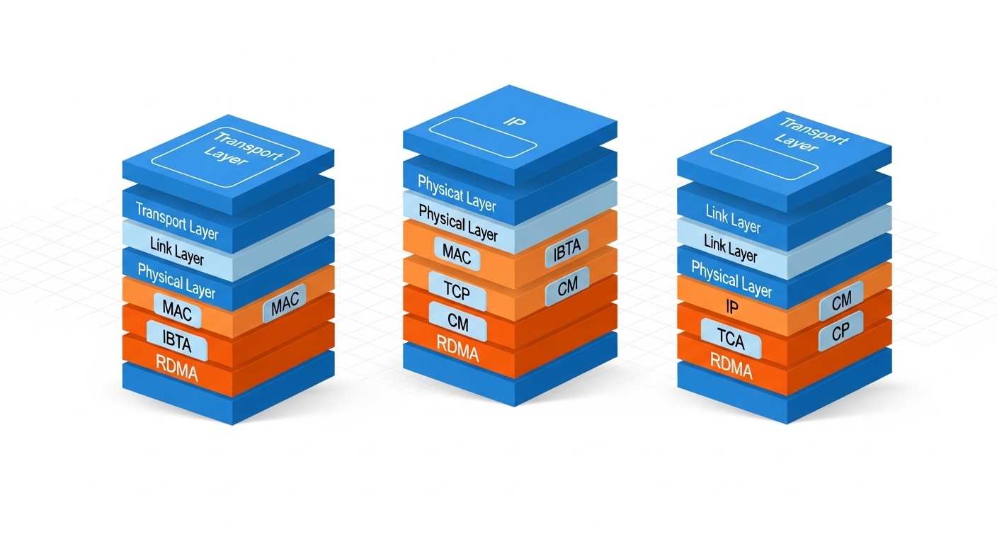 Illustrated concept diagram showing two protocol stacks (InfiniBand vs Ethernet) with arrows pointing to pluggable optics, la