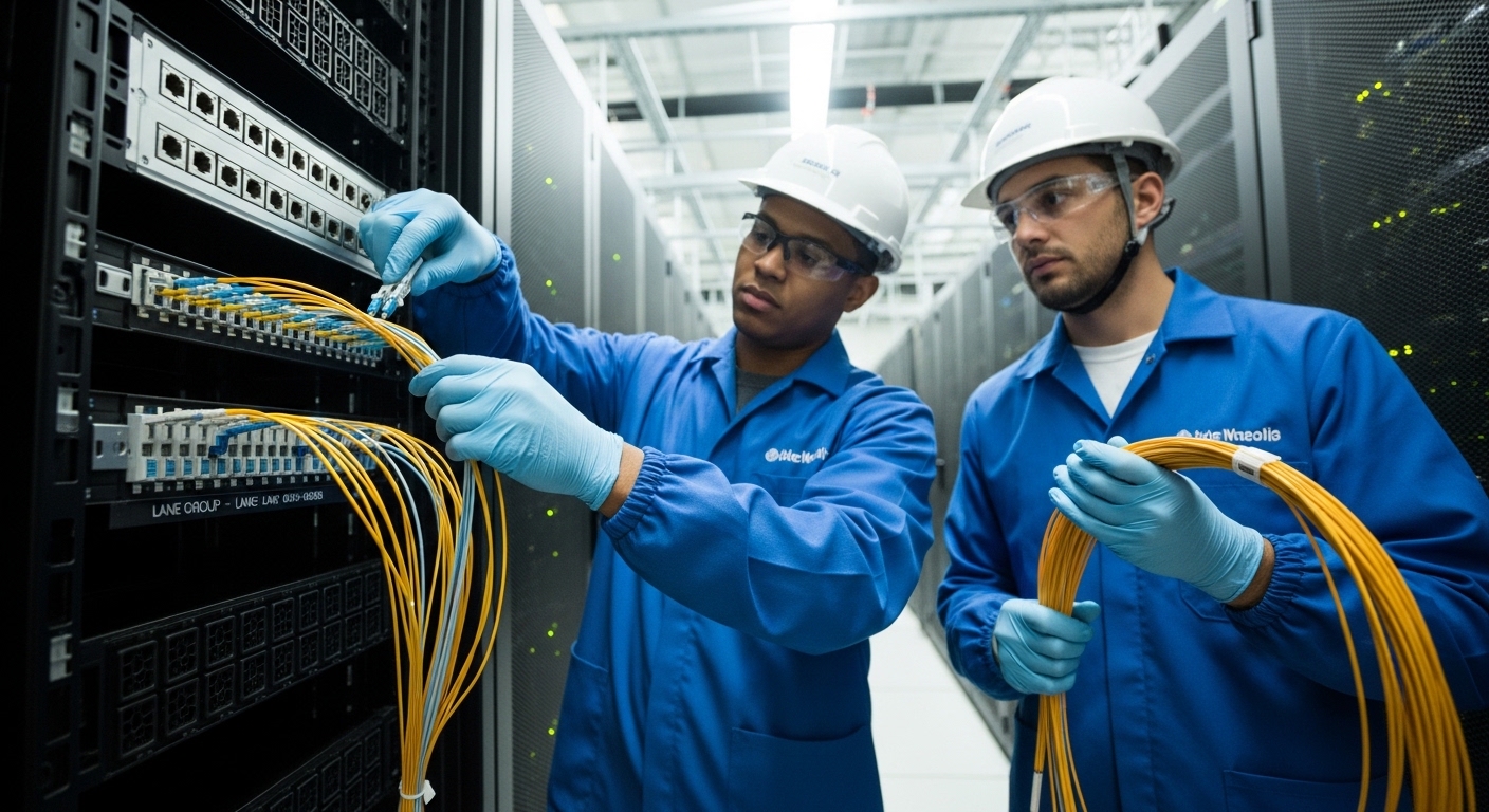 Realistic lifestyle scene of two network engineers in a cold-aisle data center, wearing ESD-safe gloves, gently seating an MP