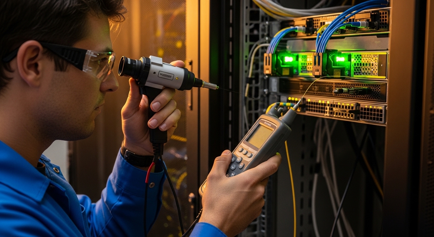 Real-world lifestyle scene inside a server room; a field engineer in safety glasses uses a handheld optical power meter and f