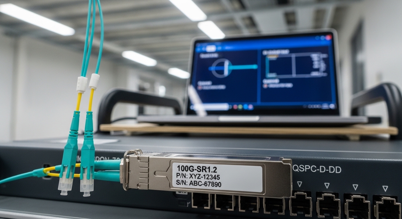 Close-up photography of a 100G single lambda transceiver plugged into a telecom switch QSFP-DD cage, showing the front label,