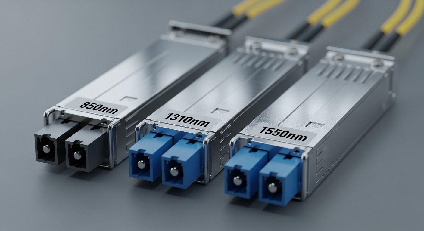 A photorealistic close-up of three fiber optic transceivers side-by-side on a lab bench, one labeled 850nm, one labeled 1310n