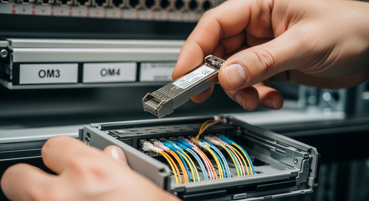 Macro photography of a field engineer holding a multimode fiber transceiver module above an open fiber cassette; background s