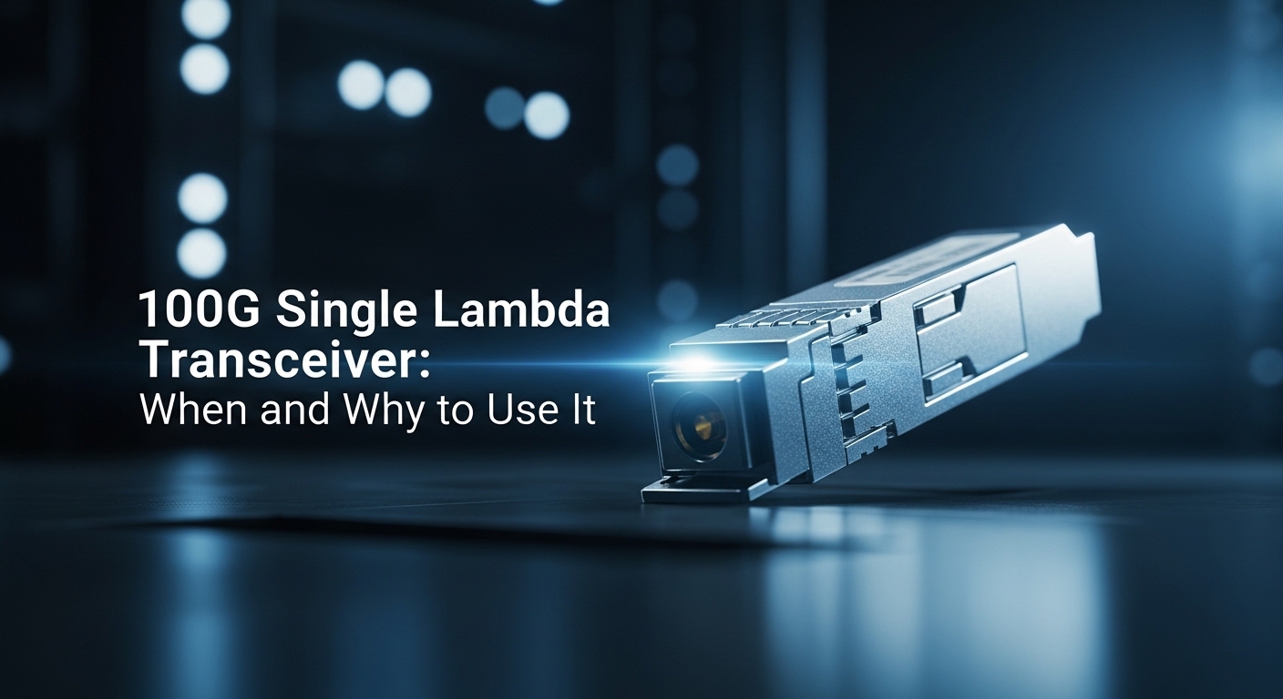 Cinematic editorial photograph of 100G single lambda transceiver, 100G Single Lambda Transceiver: When and Why to Use It, dra