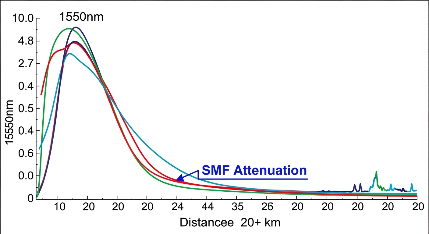Diagram-style illustration showing a fiber link budget chart with three curves labeled 850nm, 1310nm, 1550nm; include callout