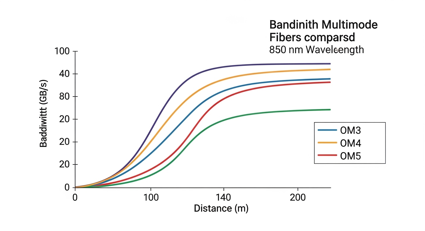 Clean vector illustration showing OM3/OM4/OM5 fiber bandwidth curves compared at 850 nm, with overlay icons for 10G SR and 25